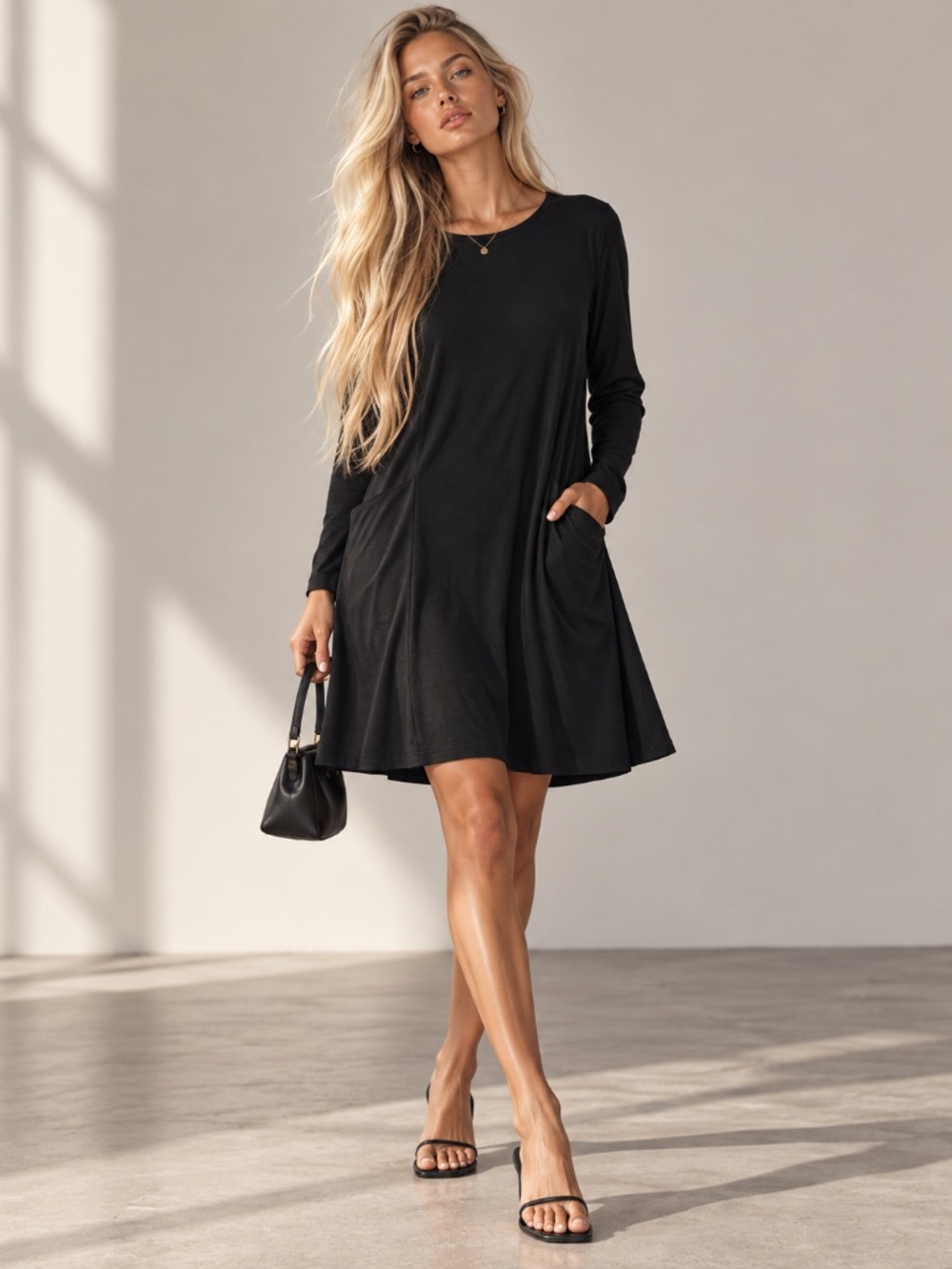 LOFT Lounge Black Swing Dress XL Soft Rayon Stretch Pockets Athleisure